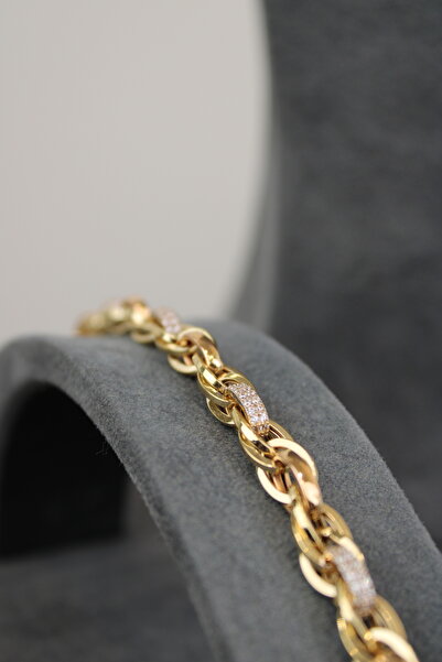 Net Kuyumculuk Taş Detaylı Hallow Bileklik 14 Ayar Altın Bileklik 21 Cm