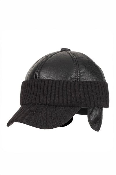Külah Men's Knit Brim Detailed Faux Leather Eared Hat - Black