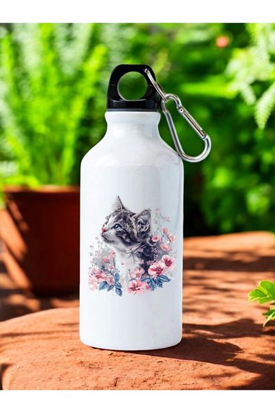lili hediyelik Floral Cat Printed Water Bottle