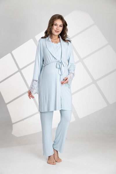 LOHOUSE Set de pijamale de maternitate pentru maternitate, din bumbac, cu mâneci scurte, cu volan, albastru, 3 piese