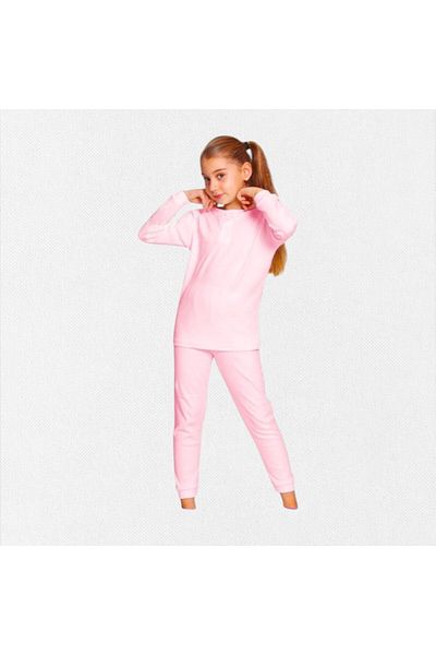 elmas kids Girls' 100% Cotton Corded Winter Pink Collar Buttoned Long Sleeve Basic Pajamas Set