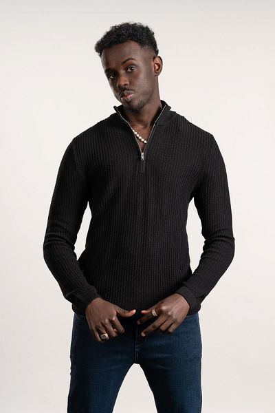 FBI Zip-Up Fisherman Self-Striped Braided Lycra Slimfit Knitwear Sweater