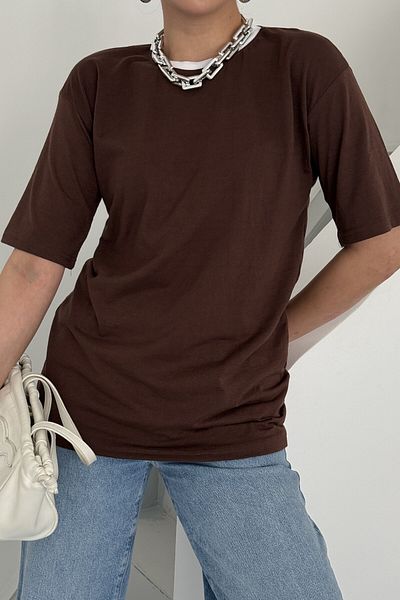 MODAGEN Μπλουζάκι Unisex Καφέ Πλήρωμα Λευκό Γιακά Λεπτομέρεια Απλό Oversize T-Shirt