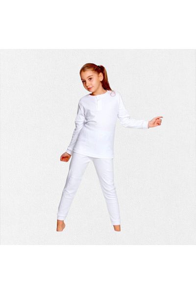elmas kids Set de pijamale de bază cu mânecă lungă, 100% bumbac, cu nervuri, alb de iarnă, cu guler cu nasturi