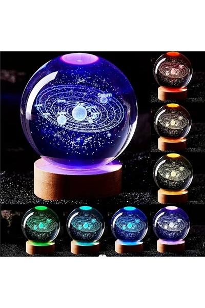 EXENET Kristal Cam Küre Samanyolu Gezegen Temalı Renkli USB Ahşap Taban Top L...