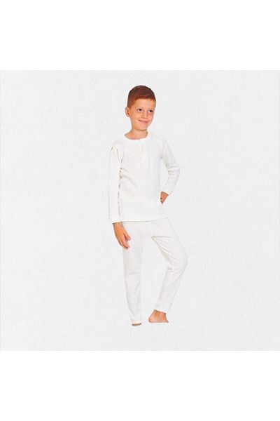 elmas kids Boys' 100% Cotton Winter Ecru Corduroy Collar Buttoned Long Sleeve Basic Pajamas Set