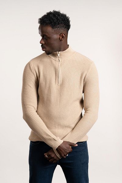 FBI Zip-Up Fisherman Self-Striped Braided Lycra Slimfit Knitwear Sweater
