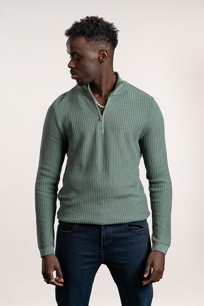 FBI Zip-Up Fisherman Self-Striped Braided Lycra Slimfit Knitwear Sweater