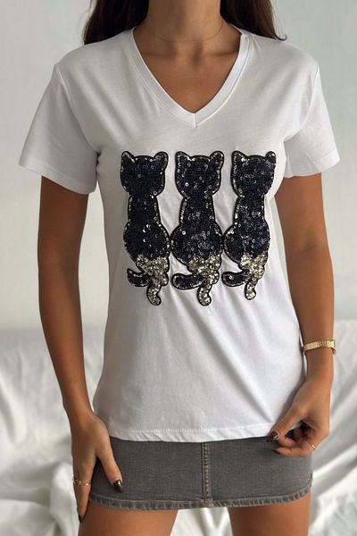 FEMELLE Tricou alb de damă, cu decolteu în V, cu paiete de pisică, brodat 100% bumbac