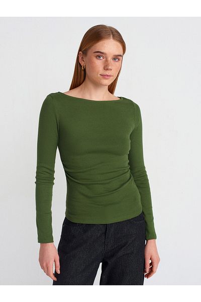 Dilvin 31401 Μαζευμένο Boat Neck Top-Σκούρο Χακί
