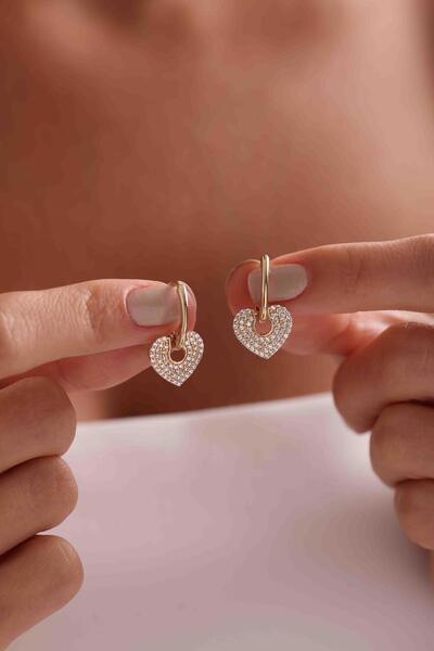 Bayar Gold 14 Ayar Altın Taşlı Kalp Küpe