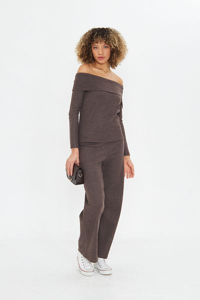 ESPOİRPLUS Women's Brown Wide Raport Shardoned Fabric Madonna Collar Bottom-Top Suit Madonnasuit
