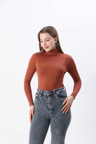 ziend fashion Дамски кафяв боди с пълна яка и поло яка за нов сезон