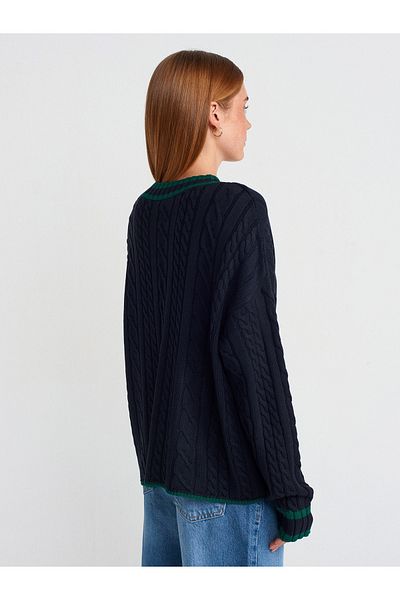 Dilvin 60950 V-Neck Striped Buttoned Pocket Knitwear Cardigan-Navy Blue