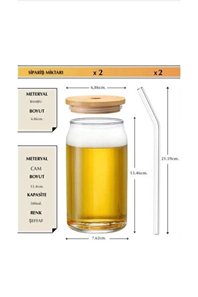 Store 2 Adet Isıya Dayanıklı Pipetli Bambu Kapaklı Bardak 2 Pipet Kapağı 2 Cam Pipet