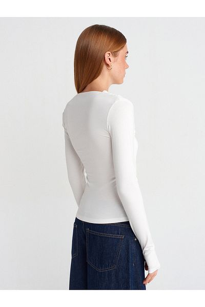 Dilvin 31530 Asymmetrical Collar Long Sleeve Top-Ecru