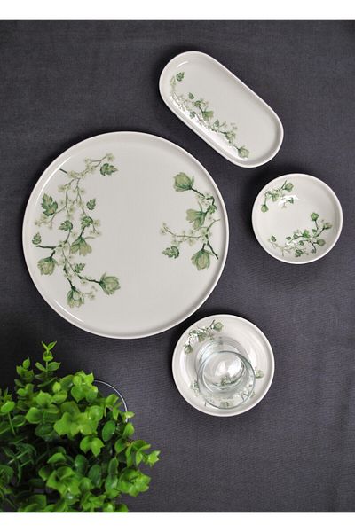 Qualitev 29 Pieces 6-Person Porcelain Breakfast Set Cake Presentation Set - White Green