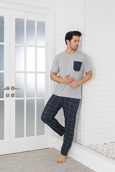 Sude HOMEWEAR Ανδρικό σετ πιτζάμες με κοντό μανίκι με καρό τσέπη