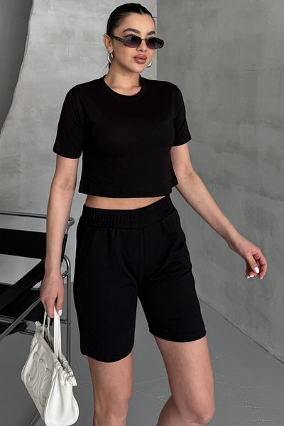 MODAGEN Set pantaloni scurți negri cu decolteu rotund pentru damă