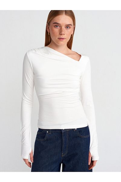 Dilvin 31530 Asymmetrical Collar Long Sleeve Top-Ecru