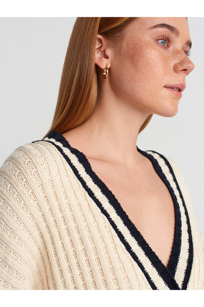 Dilvin 60951 V-Neck Striped Knitwear Cardigan - Button and Pocket, Ecru-L.