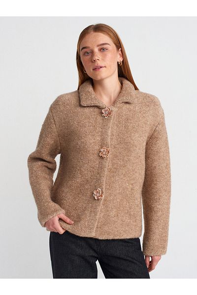 Dilvin 60932 Beige Polo Neck Floral Patterned Knitwear Cardigan