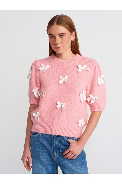 Dilvin 10673 Crew Neck Bow Detail Short Sleeve Knitwear Sweater-Pink
