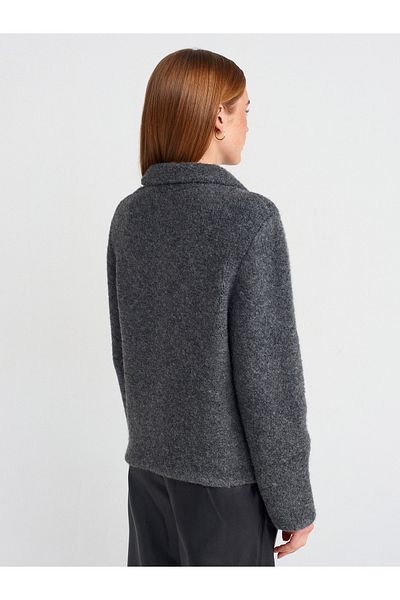 Dilvin 60932 Polo Neck Flower Snap Tricot Cardigan-Smoked