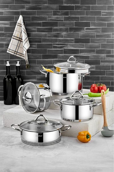 Cooker 8 Pieces Stainless Steel Cookware Set with Strainer Lid