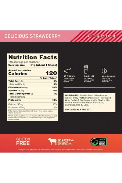 ON Optimum Nutrition Optimum Nutrition Gold Standard 100% Whey Protein Powder - Delicious Strawberry, 10 lb (4.53 kg)