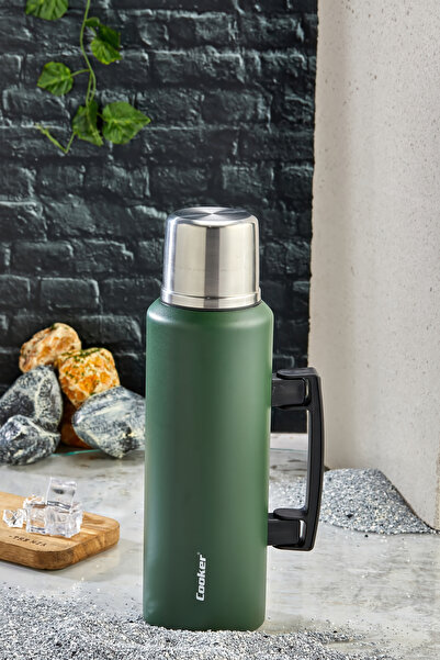 Cooker 1.5 Litre Çift Katlı Çelik Termos-24 Saat Sıcak, 48 Saat Soğuk, Kulplu (Kamp, Piknik, Ofis, Seyahat)