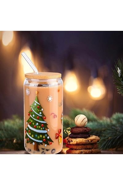 Yenigeldi 1 Piece Christmas Heat Resistant Bamboo Lid Cup with Straw