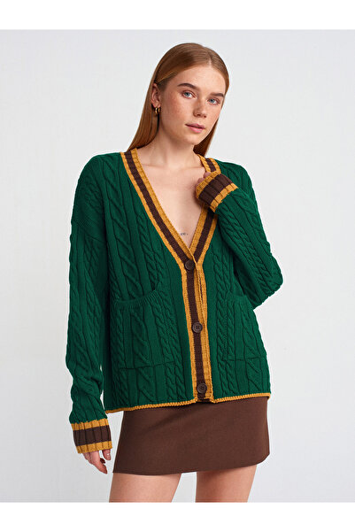 Dilvin 60950 Модел V-образно деколте, зелено, на райета, плетено кардиган - с...