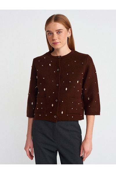 Dilvin 60927 Crew Neck Rhinestones Pearls Buttoned Knitwear Cardigan-Coffee