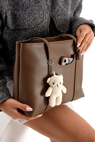 Sargınlar Dark Mink Women's Shoulder Bag with Bag Teddy Bears as a Gift, Size...