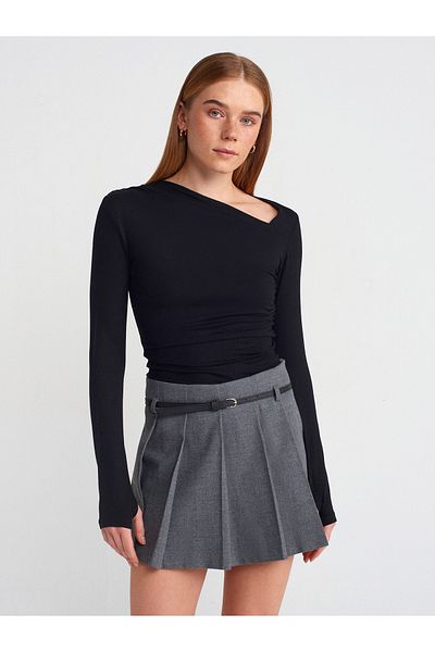 Dilvin 31530 Decolteu asimetric cu mânecă lungă Top-negru