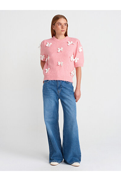 Dilvin 10673 Crew Neck Bow Detail Short Sleeve Knitwear Sweater-Pink