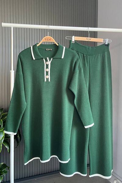 Bold Grup Green Knitwear Ribbed Hijab Set - Shirt Collar Tunic and Pants
