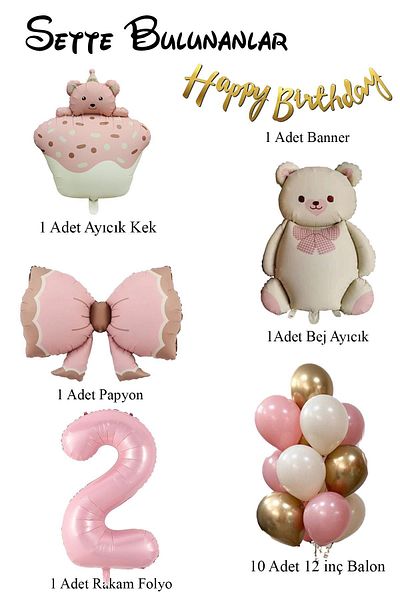 Patladı Gitti Retro 2 Year Old Teddy Bear Themed Baby Girl Concept Birthday Set
