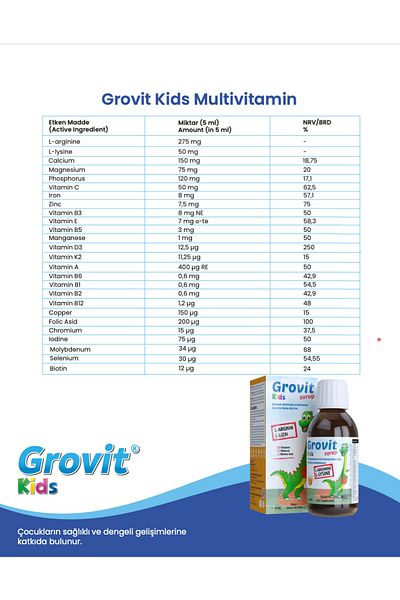 Grovit Kids Liquid Food Supplement Containing Arginine, Lysine, Multivitamins and Multiminerals 150ml
