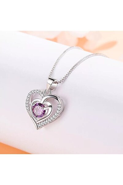 AstoriaSilver (KIRMIZI KADİFE KUTUSUNDA) Sevgiliye Eşe Anneye Hediye 925 Ayar Gümüş Taşlı Kalp Kolye