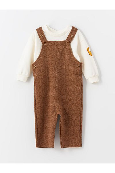 LC Waikiki Dark Brown Strappy Salopet and T-shirt for Baby Boy - Set of 2