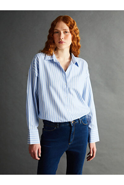LC Waikiki LCW Vision Mavi Çizgili Oversize Kadın Gömlek