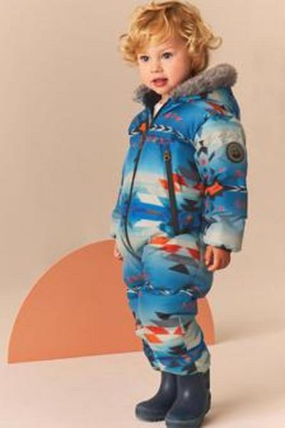 Next Baby White and Blue Solid Brassed Water Resistant Fully Fleece Lined Hooded Snowsuit