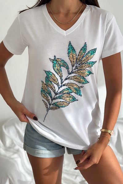 FEMELLE Tricou alb pentru femei, cu decolteu în V, cu model de frunze, cu paiete brodate, 100% bumbac