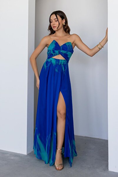 bayansepeti Modré maxi šaty bez ramienok – šifón s potlačou, podšívkou a rozparkom 9359