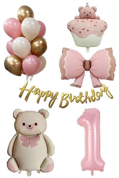 Patladı Gitti Retro 1 Year Old Teddy Bear Themed Baby Girl Concept Birthday Set