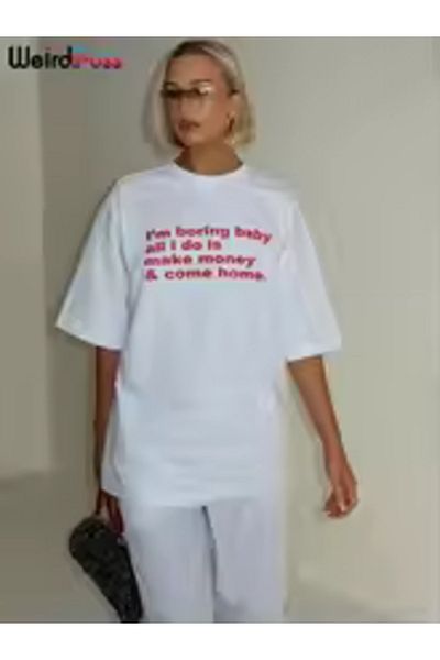 Boi Women's Boring Baby Make Money Letter T-Shirt- Black and White Oversize Cotton T-Shirt