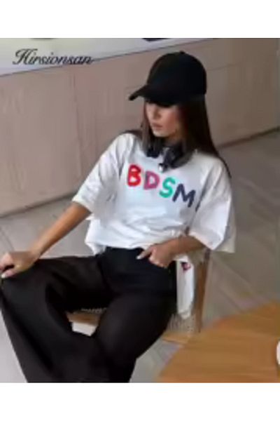 Boi Women's Bdsm Rainbow Colour Letter T-Shirt- Black and White Oversize Cotton T-Shirt
