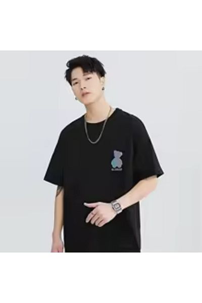 Boi Unisex Loose Fit Grey Tedy Bear Mini T-Shirt- Black and White Oversize Cotton Tee Shirt